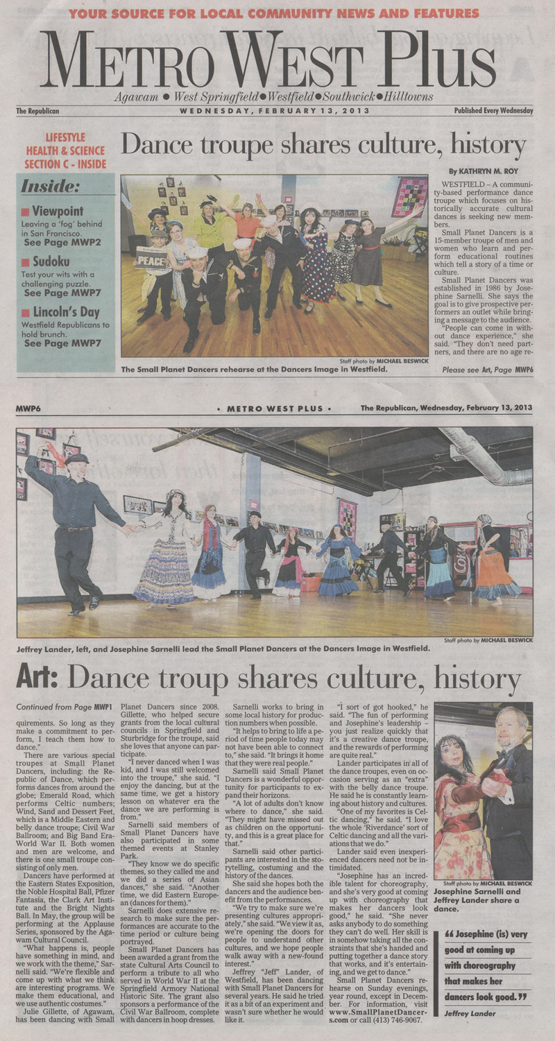 News article in The Springfield Republican about Small Planet Dancers seeking new members.